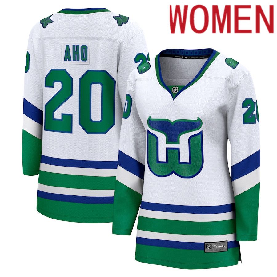 Women Carolina Hurricanes #20 Sebastian Aho Fanatics Branded White Whalers Premier Breakaway NHL Jersey->->Women Jersey